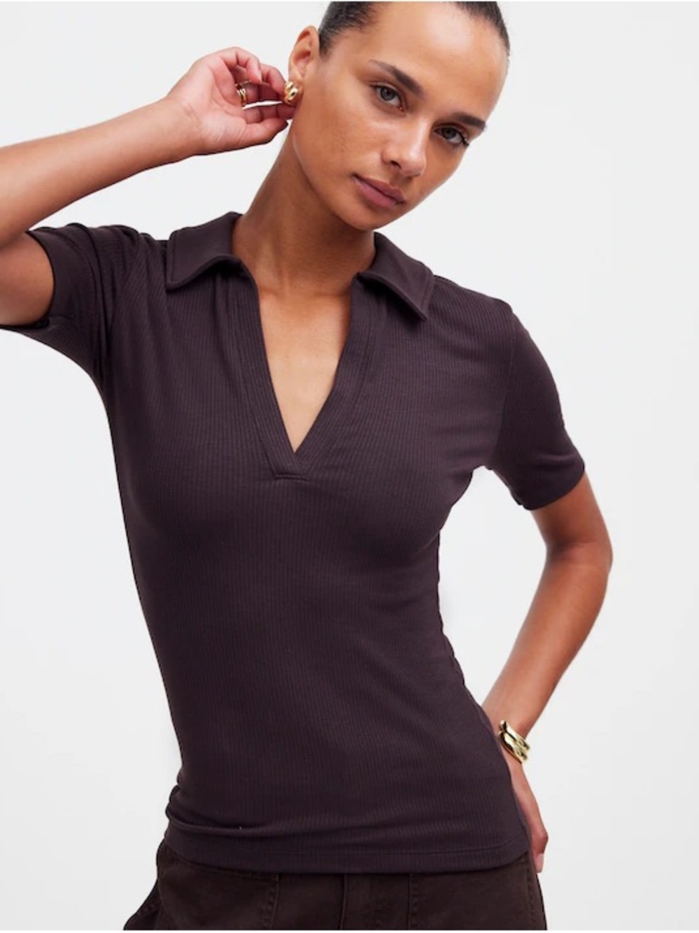 Madewell Ribbed Short-Sleeve V-Neck Polo Tee in Dark Brown LIKE NEW NEVER WORN